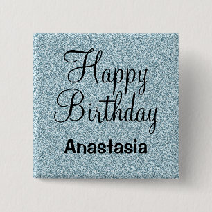 Chapa Cuadrada Feliz Cumpleaños Brillante Azul Plateado Glitter