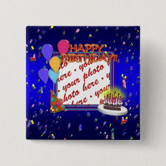 Chapa Cuadrada Feliz cumpleaños con marco fotográfico de Confetti