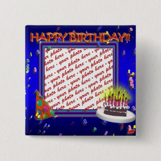 Chapa Cuadrada Feliz cumpleaños con marco fotográfico de Confetti