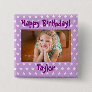 Chapa Cuadrada Feliz cumpleaños de la foto estrellas púrpuras y
