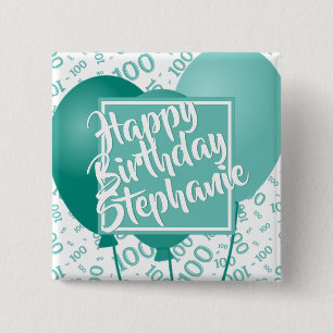 Chapa Cuadrada Feliz Cumpleaños Patrón de Número 100 Teal/Blanco