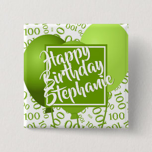 Chapa Cuadrada Feliz Cumpleaños Patrón de Número 100 Verde/Blanco