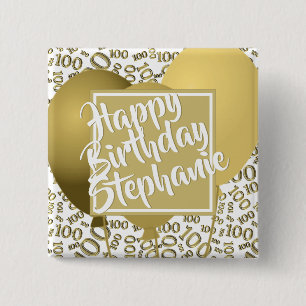 Chapa Cuadrada Feliz cumpleaños - Patrón número 100 blanco/oro