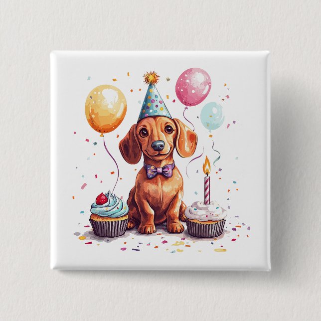 Chapa Cuadrada Feliz Cumpleaños Perro Dachshund  (Anverso)