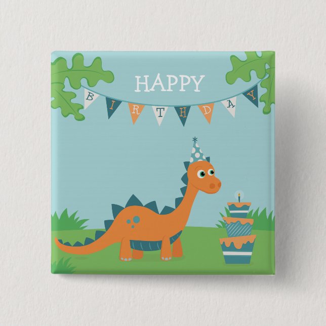 Chapa Cuadrada Feliz cumpleaños, personalizado de dinosaurios (Anverso)
