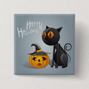 Chapa Cuadrada Feliz Gato Negro de Halloween