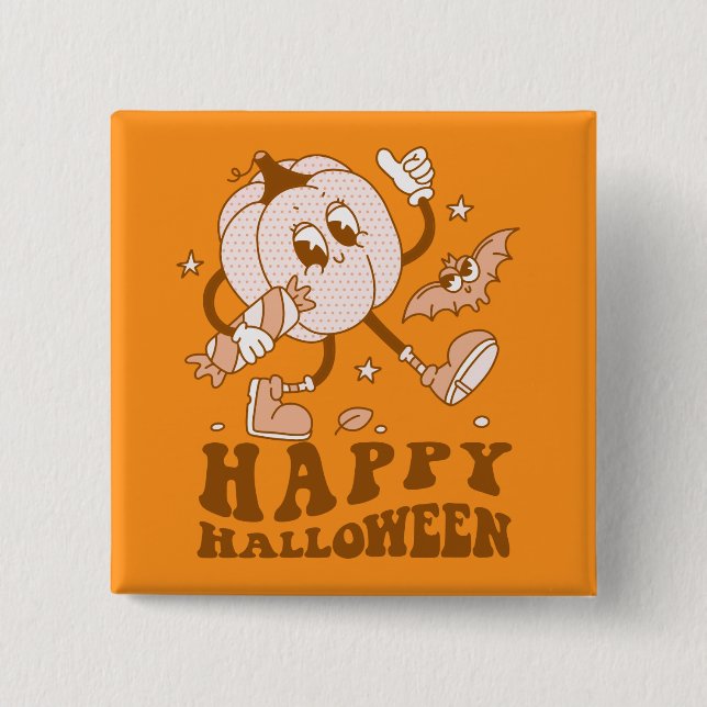 Chapa Cuadrada Feliz Halloween| Calabaza de punto de Polka retro (Anverso)