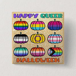 Chapa Cuadrada Feliz Halloween Queer - Calabazas con la bandera d