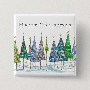 Chapa Cuadrada Feliz Navidad Blue Holiday Trees Art