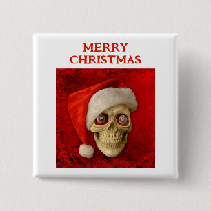 Chapa Cuadrada Feliz Navidad. Calavera con sombrero de Santa