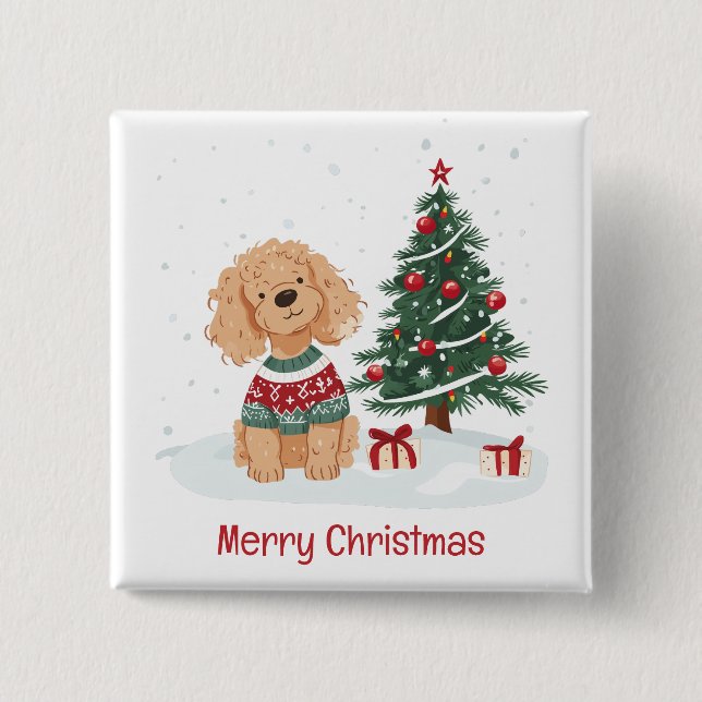 Chapa Cuadrada Feliz Navidad Goldendoodle Dog (Anverso)