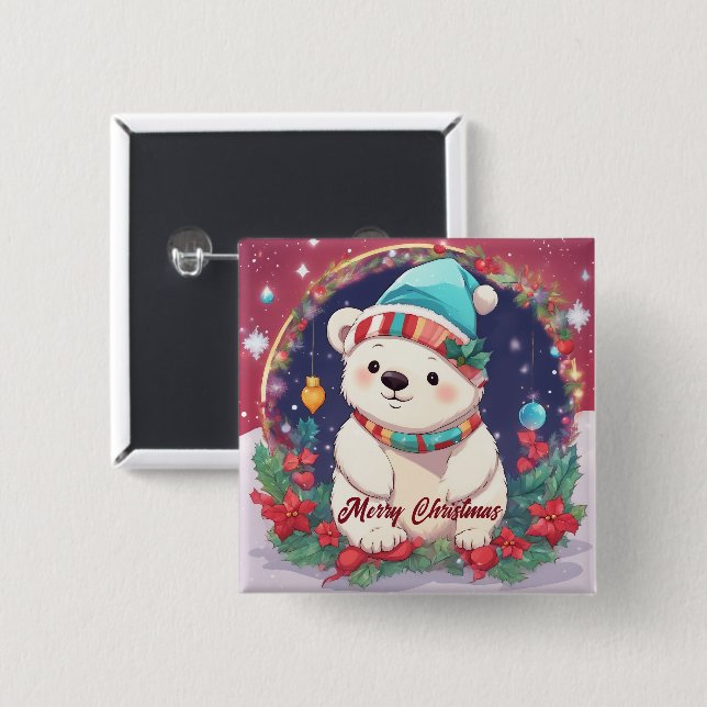Chapa Cuadrada Feliz Navidad oso polar blanco (Anverso y reverso)