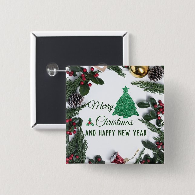 Chapa Cuadrada Feliz Navidad - purpurina verde (Anverso y reverso)