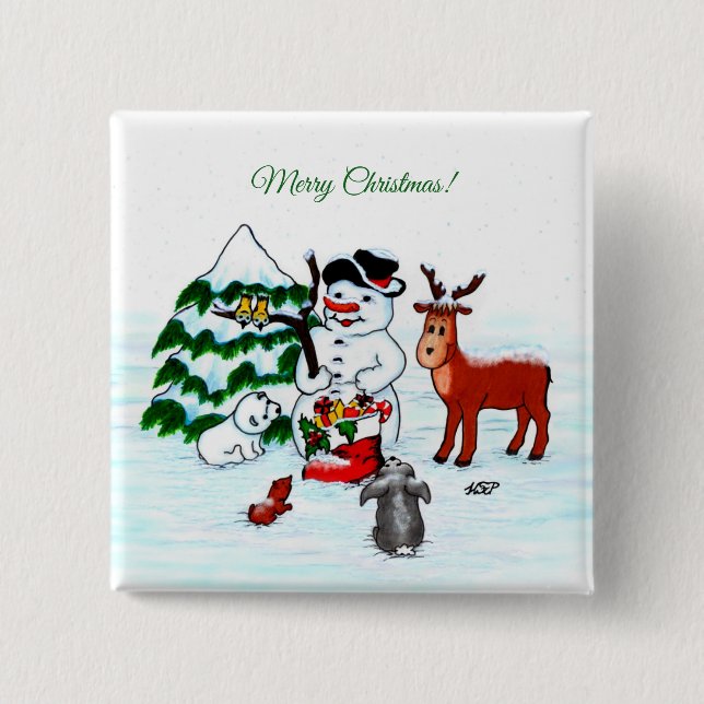 Chapa Cuadrada ¡Feliz Navidad! Snowman con sus amigos (Anverso)