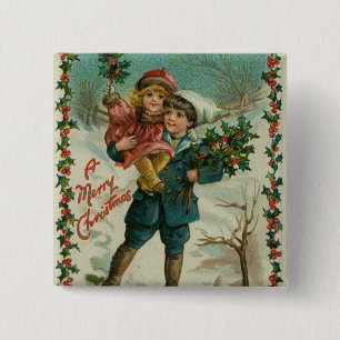 Chapa Cuadrada Feliz Navidad - tarjeta postal retro, niños, acebo