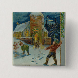 Chapa Cuadrada Feliz Navidad - Tarjeta postal vintage de pelea de