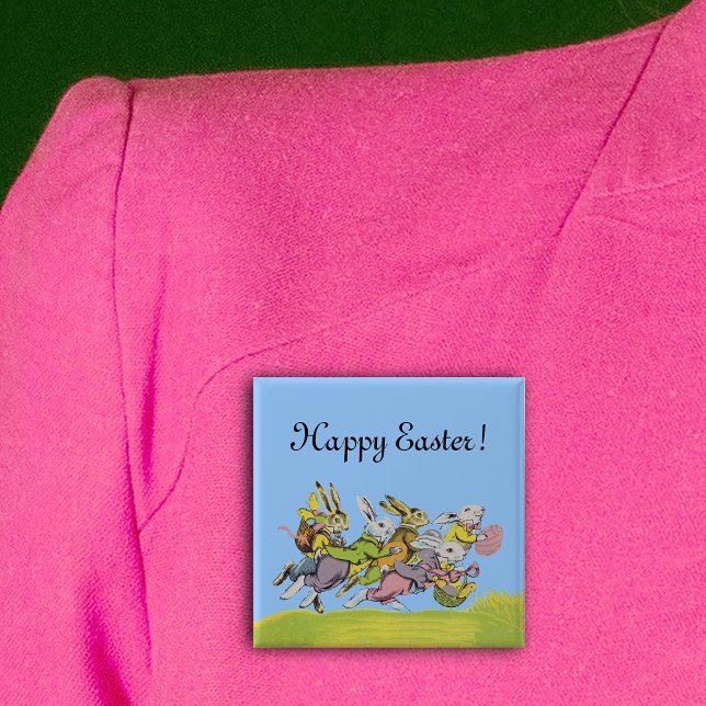 Chapa Cuadrada Feliz Pascua Corriendo Conejos Pastel (Group running Easter Bunnies in pastel clothes with baskets eggs in grass on square pin back button.)