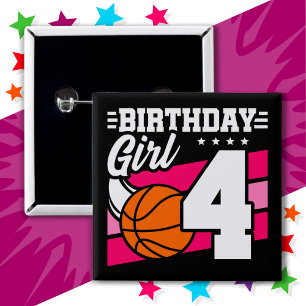 Chapa Cuadrada fiesta de baloncesto de 4 años Chica de cumpleaños
