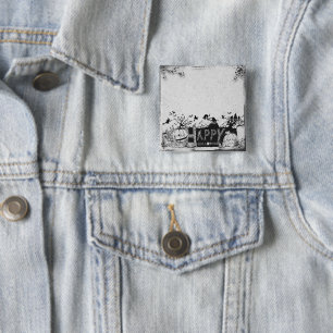 Chapa Cuadrada Fiesta de Halloween Black and White Happy