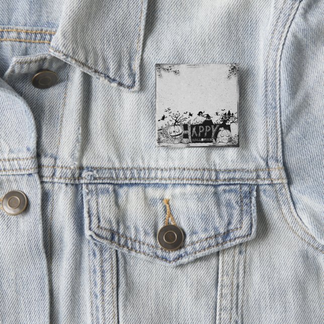 Chapa Cuadrada Fiesta de Halloween Black and White Happy (In situ)