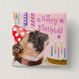 Chapa Cuadrada Fiesta Pug y pastel de cumpleaños