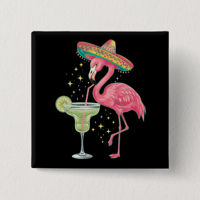 Chapa Cuadrada Flamingo Beber Margarita Gracioso Poncho Mexicano (Anverso)