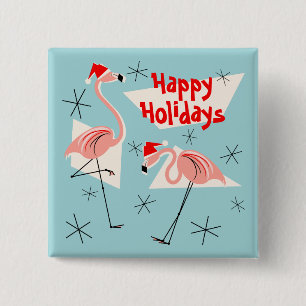 Chapa Cuadrada Flamingo Santas Blue Happy Holidays