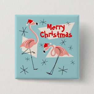Chapa Cuadrada Flamingo Santas Blue Merry Christmas button square