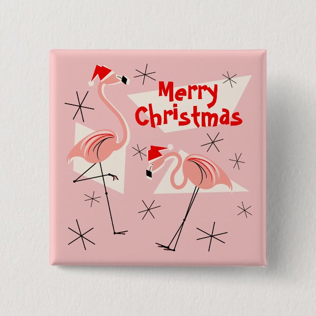Chapa Cuadrada Flamingo Santas Pink Merry Christmas button square (Anverso)