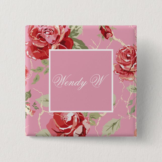 Chapa Cuadrada Flor de rosa roja en flor de cerezo (Anverso)