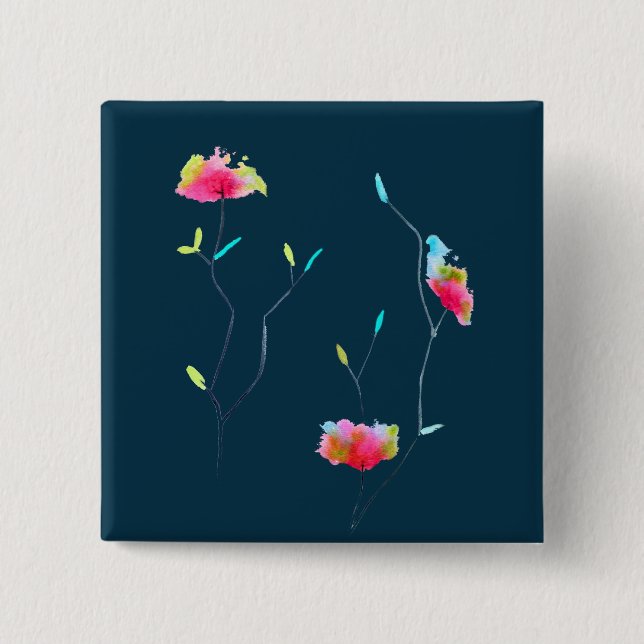 Chapa Cuadrada Flor rosa arte moderno de inspiración japonesa (Anverso)