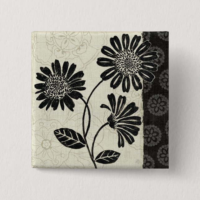 Chapa Cuadrada Floral contemporáneo en blanco y negro (Anverso)