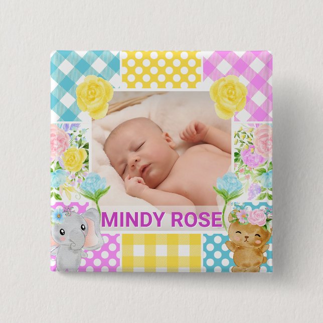 Chapa Cuadrada Floral & Plaid Photo Frame Newborn Baby (Anverso)
