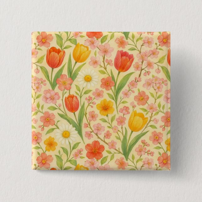 Chapa Cuadrada Flores bonitas con patrón de Pascua/primavera (Anverso)
