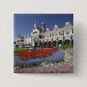 Chapa Cuadrada Flores de primavera y estación histórica de tren,