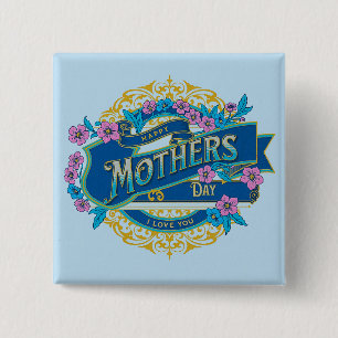 Chapa Cuadrada Flores florales azules de Vintage Happy Mother's D