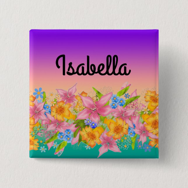 Chapa Cuadrada Flores florales sin resorte, naranja amarillo rosa (Anverso)