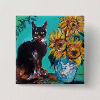 Chapa Cuadrada FLUJOS CON GATO NEGRO,Azul turquesa amarillo