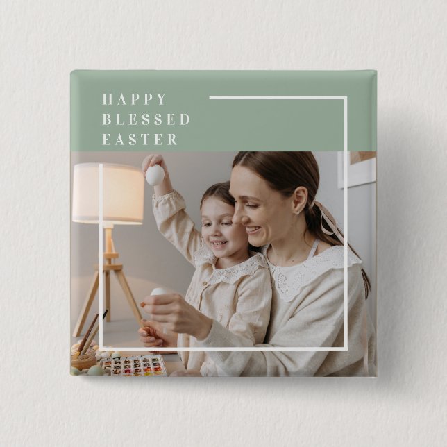 Chapa Cuadrada Foto de Trendy Family | Green Happy Blessed Easter (Anverso)