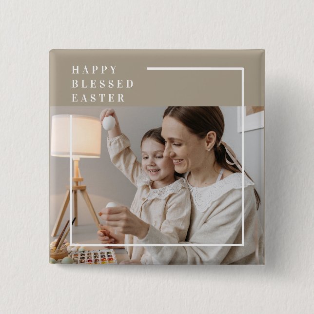 Chapa Cuadrada Foto familiar moderna de Beige | Feliz Pascua Bend (Anverso)