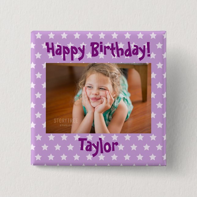 Chapa Cuadrada Foto Feliz cumpleaños, moradas y estrellas blancas (Anverso)