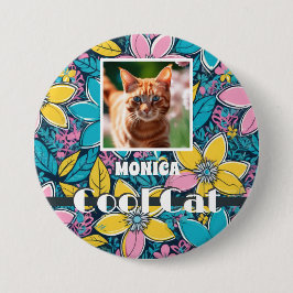 Chapa Cuadrada Foto personalizada de gato genial floral retro hip