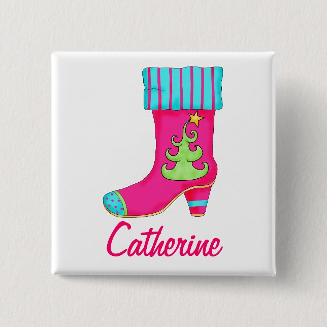 Chapa Cuadrada Fuchsia Merry Christmas Stocking Name Badge (Anverso)