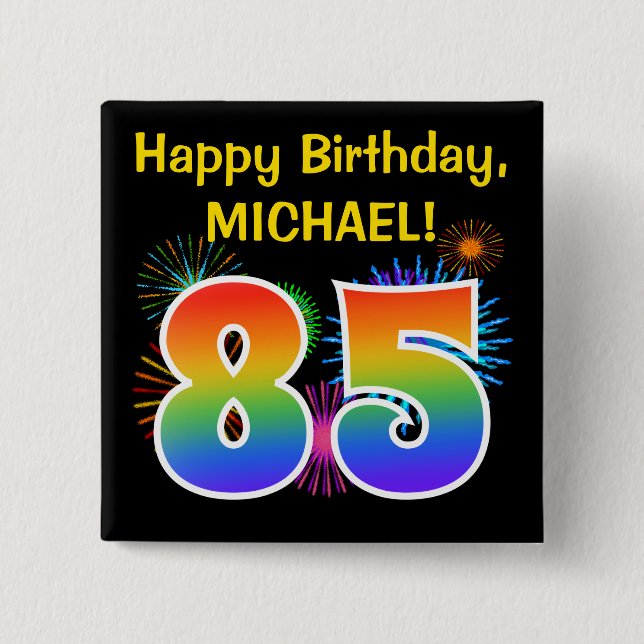 Chapa Cuadrada Fuegos artificiales divertidos + Patrón Arcoiris " (Anverso)