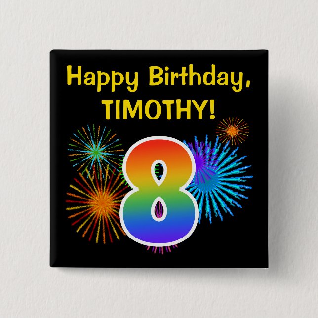 Chapa Cuadrada Fuegos artificiales divertidos + Patrón Arcoiris " (Anverso)