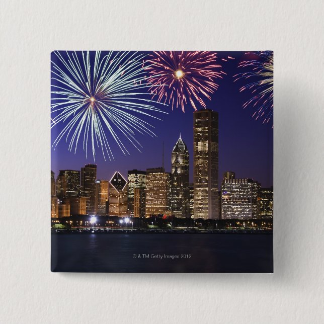 Chapa Cuadrada Fuegos artificiales sobre el horizonte de Chicago (Anverso)