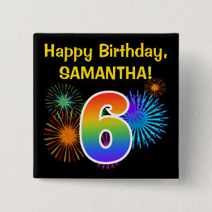 Chapa Cuadrada Fun Fireworks + Rainbow Pattern "6" Birthday #