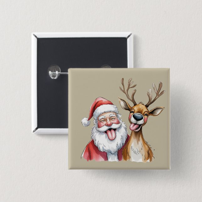 Chapa Cuadrada Funny Santa Claus and Reindeer Christmas Winter (Anverso y reverso)