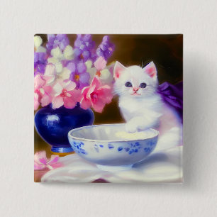 Chapa Cuadrada Gatito blanco vintage con cinta morada