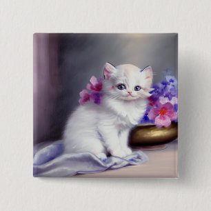 Chapa Cuadrada Gatito blanco vintage con flores rosadas y moradas